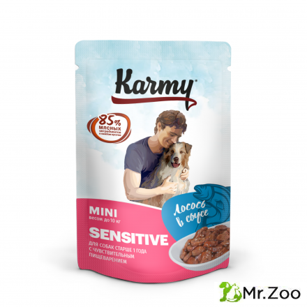 Паучи для собак мелких пород с чувствительным пищеварением Karmy Mini Adult Sensitive, лосось, мясные кусочки в соусе 80 гр