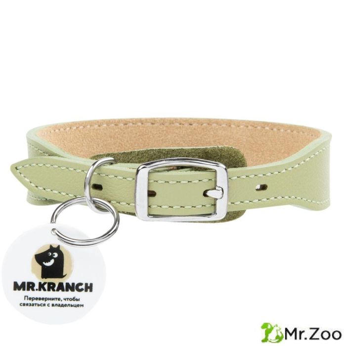 Ошейник Mr.Kranch для собак из натуральной кожи с QR-адресником 38-45см нежно-зеленый